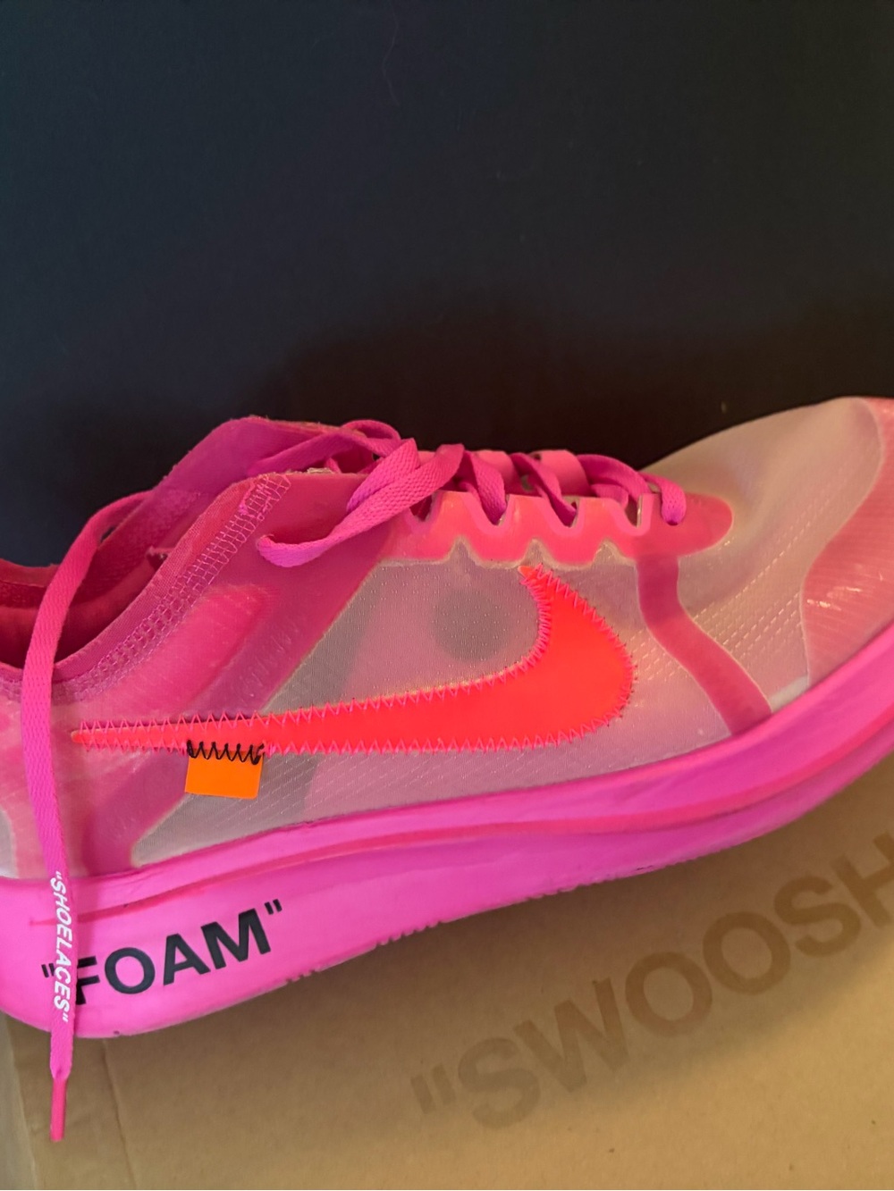 Off White x Nike Zoom Fly pink